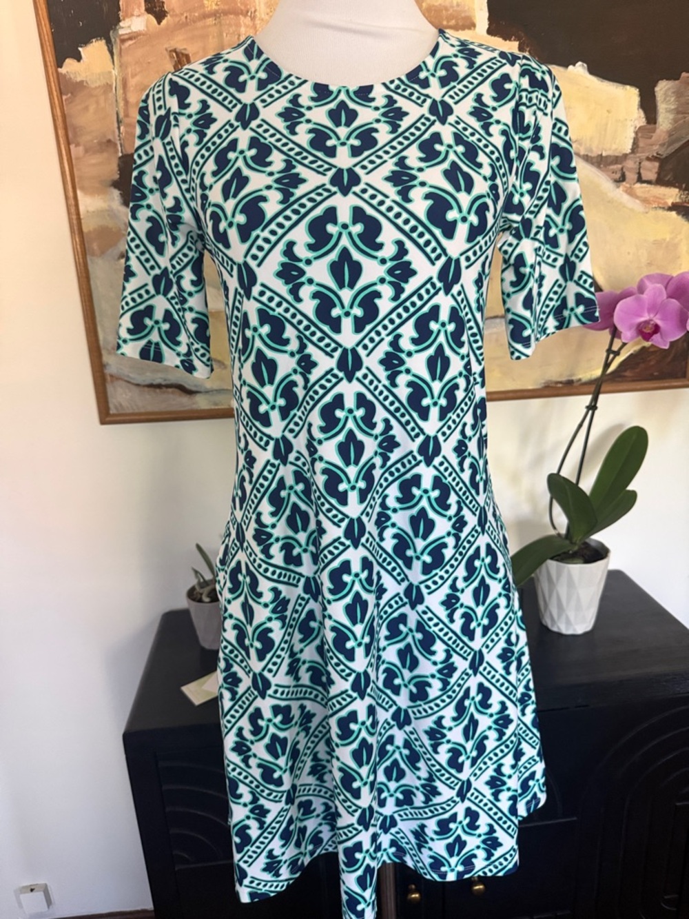 All For Color Teal and Navy Geometric Mini Dress